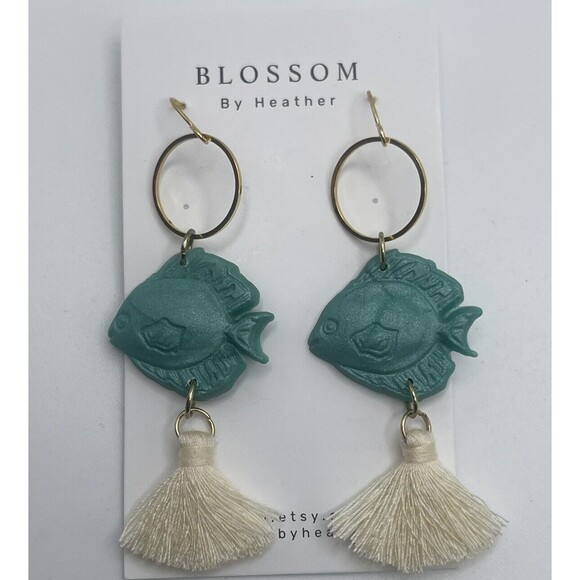Handmade Polymer Clay Fish Fringe Tassel Dangle Earrings New - Picture 2 of 7